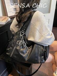 個性化吊飾元素紋理皮革材質拉鍊開合分層收納斜挎包 美式復古風女款包款 學生上班族短途旅行購物聚會多用途優雅托特包 - 黑色 - 查看 4