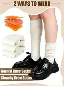 7/6/1 Pair Kids Unisex Knee-High Socks, Soft Uniform Dress Socks, Black & White, Suitable For Autumn/Winter Daily Wear, Back To School Season - Multicolor - View 2