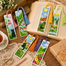 6pcs Beginner Cross Stitch Bookmark Full Material Kit, Fresh Pastoral Style Black Cat Town Landscape Print, DIY Handmade Colorful Tassel, Stress Relief Artistic Creative Gift - Multicolor - View 8