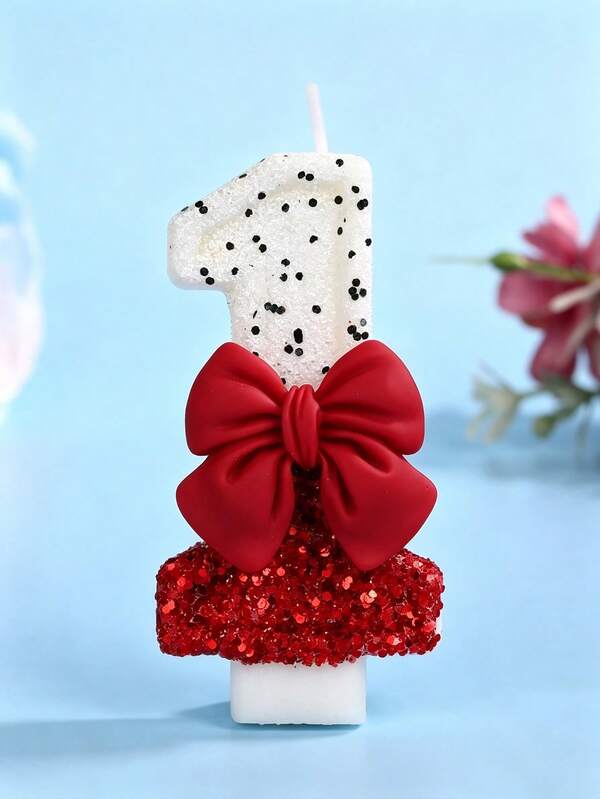 1pc Birthday Party Decoration: 0-9 Number Candles, Creative Red Bow, Red & White Cake Decoration Candles