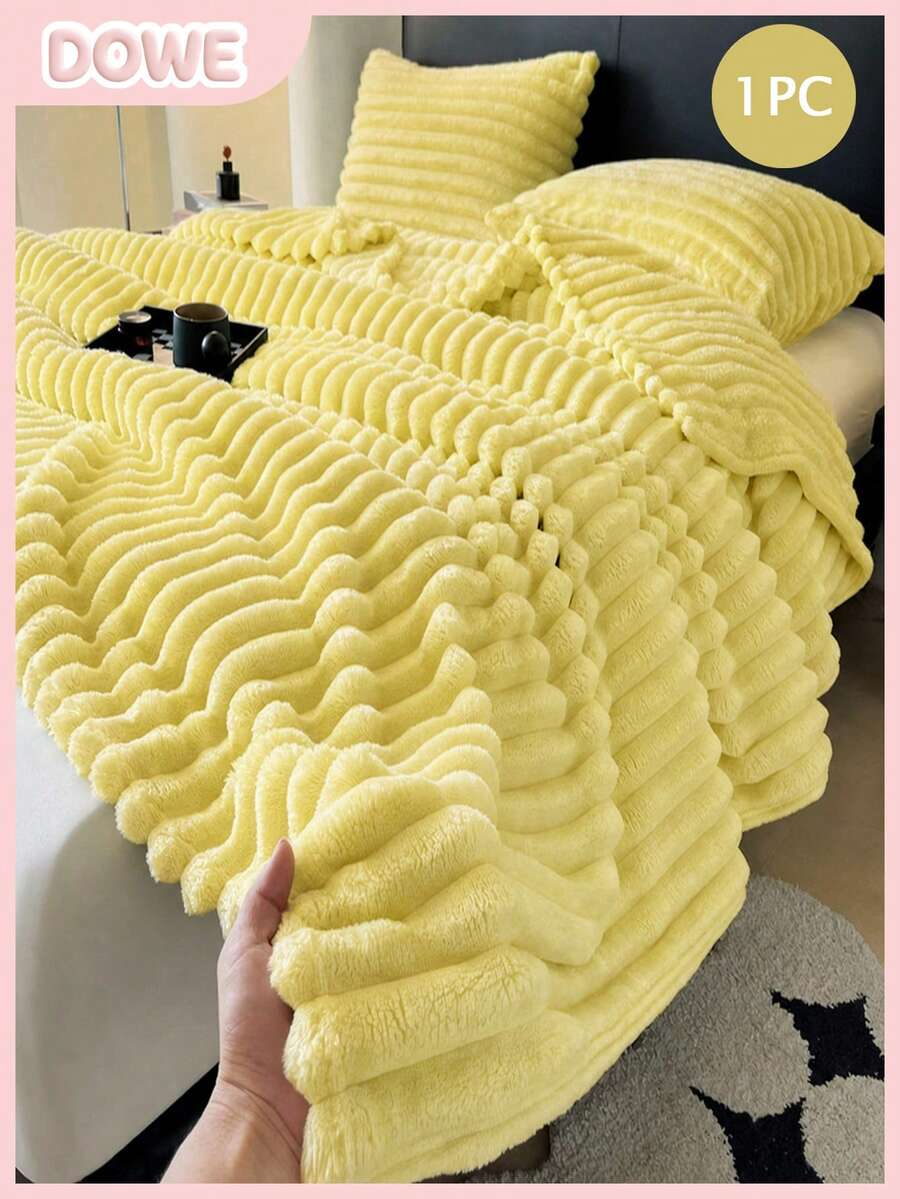 1pc Luxury Double-Sided Faux Rabbit Fur Blanket - Comfortable Striped Flannel, Soft & Warm, Suitable For Napping, Office, Camping, Sofa - Multi-Functional Polyester Bedspread, Christmas Gift