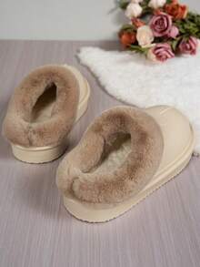 Women's Autumn/Winter Thick Sole Closed Toe Thermal Lined Slip-On House Slippers, Comfortable Warm Soft Indoor Plush Slippers - Beige - View 6