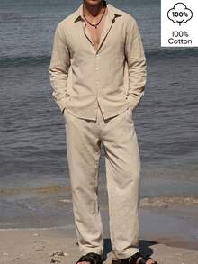WAIT HIM 100% Cotton Men's Solid Color Single-Breasted Versatile Casual Long Sleeve Shirt Set - Apricot - View 4