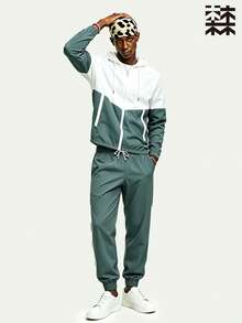 mulinsen Casual Men's Hooded Cardigan Jogger Sports Set, Black And White Color Block Outdoor Leisure Long Pants Set - Olive Green - View 8