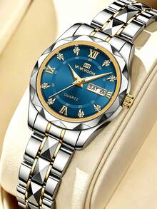Women's Quartz Watch 28mm Mini Dial Luxury Dial Rhinestone Markers Day Date Clock Stainless Steel Rivet Strap Quartz Movement Wristwatch Suitable For Women's Gift, Daily Wear, Formal Occasions Fashion Women's Popular Accessory Watch - Blue - View 2