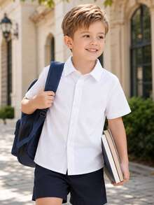年轻男孩经典休闲学院风白色短袖正装衬衫，适合庆典、聚会、表演 - 白色 - 查看 3