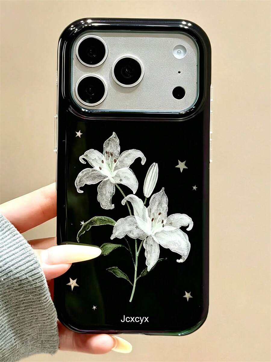 Stylish Minimalist Star Lily Flower Pattern Phone Case Compatible With IPhone 17 Pro Max 17 Pro 17 16 Pro Max 15 14 13 12 Pro Max Lens Protection Back Cover - Black - View 1