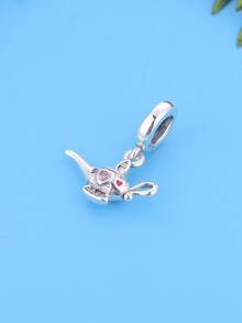 1pc S925 Sterling Silver Magic Lamp Pendant With Pink Zirconia Heart & Rhinestones, Large Hole, DIY Bracelet Charm, Fairy Tale Style Silver Accessory - Silver - View 3