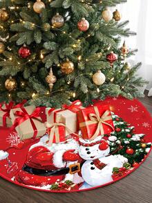 1pc Red Christmas Tree Skirt With Santa Claus & Snowman & Christmas Tree Pattern, Drawstring Closure, Round Christmas Tree Fit, Christmas Tree Decoration, Holiday Party Decoration, Merry Christmas Decoration, Winter Home Decor - Christmas B - View 8