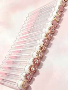 1/2/5/10pcs Pearl Crown Flower Rabbit Design Pink Eyelash Brush Eyebrow Brush Portable Test Tube Eyelash Brush With Transparent Sleeve, Travel Makeup Tool - Pink - View 3
