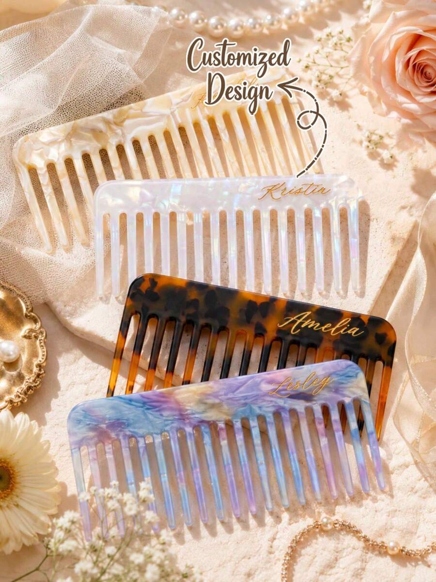 Personalized Custom Wide Tooth Initial Acetate Hair Comb,Personalized Elegant Ladies' Retro Acetate Comb With Faux Pearl Name Design-Hair Accessory,Detangling Marble Pattern Portable Hairbrush With Customized Name,Gift For Friends Family Bridesmaid - Multicolor - View 1