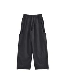 Celana Sweatpants Kargo Gaya Amerika Musim Panas Longgar Kasual Kaki Lebar dengan Tali Serut di Pinggang - Hitam - View 3
