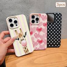 3pcs Polka Dot Heart Stripe Element TPU Shockproof Full Coverage Precise Protective Case Compatible With Apple 11/12/13/14/15/16/17 Pro Max - Multicolor - View 2