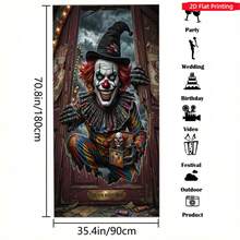 2D Flat Banner 1pc Scary Clown Circus Halloween Decoration Hanging Cloth, Breaking Through Door Thriller Ghost Face Print Door Cover Banner, Suitable For Halloween Theme Party Backdrop, Home Porch Thriller Decoration, Horror Carnival Atmosphere Setup, Polyester Material - A - View 7