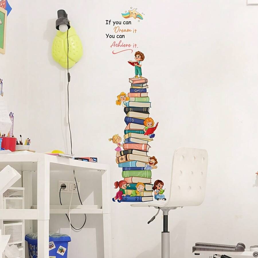 1/2pcs Inspirational Dream Achievement Book Stack Wall Decal, Removable Letter Stickers, Suitable For Home Office Classroom Library Wall, Creative Vinyl Wall Decor - Book Wall Stickers - View 1