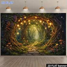 1 Peça Banner Plano 2D Bottom de Floresta Mágica com Arco de Videira e Caminho de Seixos, Design de Cogumelo e Luz Estelar, Adequado para Bottom de Banner de Celebração de Aniversário e Decoração de Quarto - 1 - Visão 4