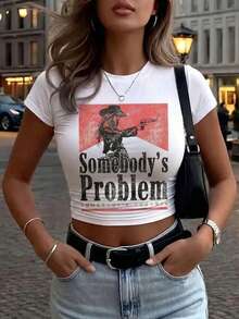 "Someone's Problem" Rodeo T-Shirt – Y2K T-Shirt | Slim Fit Women's Crew Neck Short Sleeve Top | A Must-Have For Female Cowgirls And Rodeo Enthusiasts. - 白色 - 查看 2
