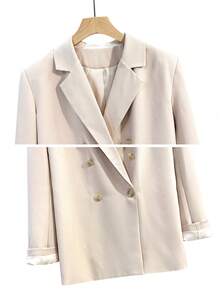 Women's Autumn/Winter Fashion Light Commute Oversized Padded Shoulder Mid-Length Single-Breasted One-Button Long Sleeve Blazer Jacket With Lining - Beige - View 7