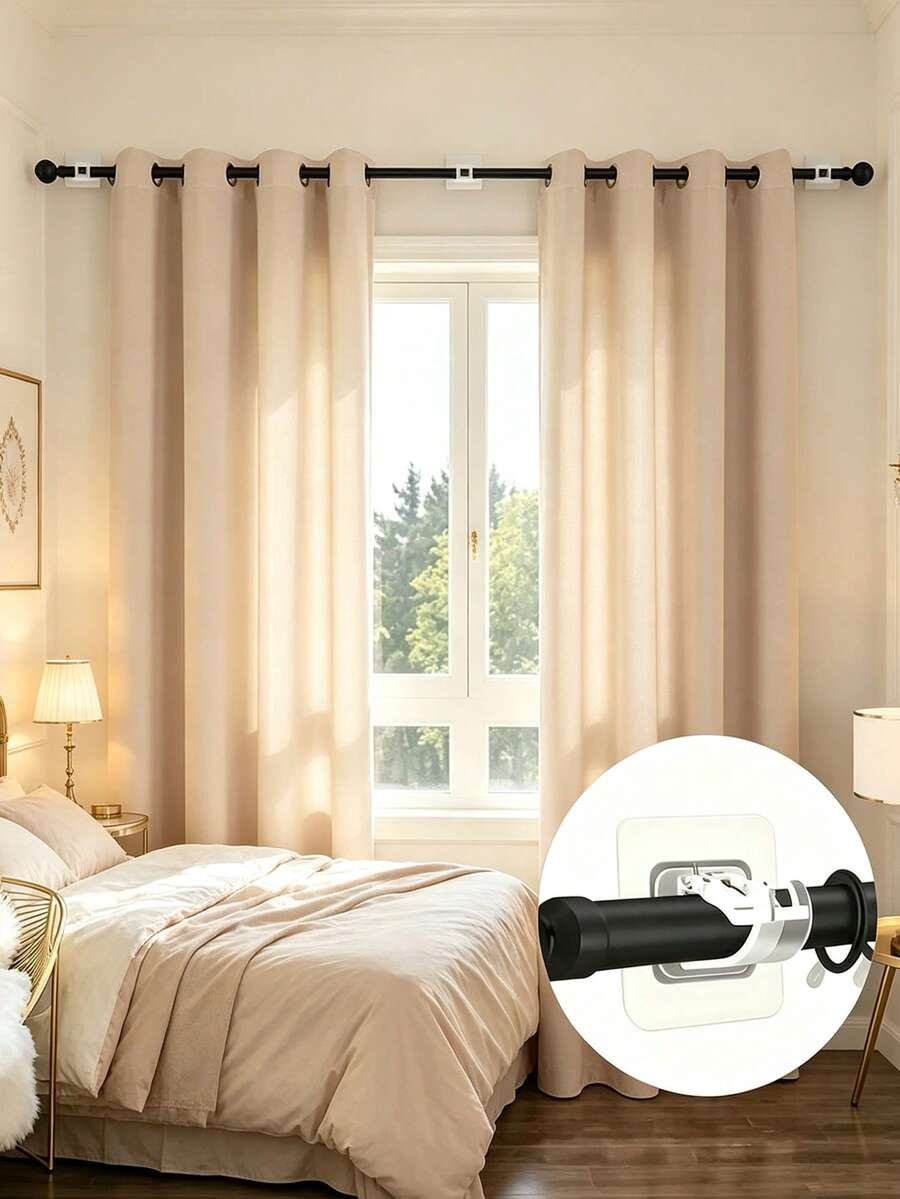 4pcs Auxiliary Hooks, No-Drill Curtain Rod Bracket Set, Self-Adhesive, Curtain Rod Hooks, Curtain Rod End Caps, Curtain Rod Clips, Fixed Adhesive Bracket Clips, Telescopic Rod For Door Curtain No-Drill Installation, Suitable For Fashion Home Decor, Practical Hooks, Adjustable Wall Hooks, Bedroom Living Room, Suitable For Kitchen, Bathroom, Home Essential