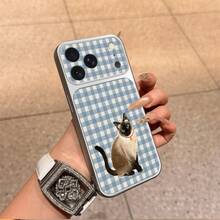 1pc TPU Material Fresh Blue & White Plaid Bell Siamese Cat Pattern Phone Case Suitable For IPhone 17 Pro Max/17/16 Pro Max/15/14/13/12/11 Full Coverage Anti-Drop Soft Shell Phone Protective Cover - Silver - View 2
