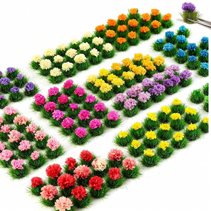 15 Peças Mini Tufos de Grama Estática com Aglomerados de Flores Coloridas, Kit de Modelo de Cenário Floral em Miniatura, Acessórios de Paisagem DIY para Modelos Militares de Wargaming, Layouts de Ferrovias de Trem, Jardins de Fadas de Casa de Bonecas, Decoração de Artesanato de Micro Paisagem - Multicolorido - Visão 1
