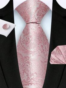 Set Dasi Pria 3 Potong Lebar 3,15 Inci Motif Bunga Paisley Merah Karat - Sapu Tangan Saku + Manset, Berbagai Warna, Hadiah Formal untuk Pernikahan, Pengantin Pria, atau Bisnis - Rusty Rose - View 1