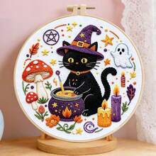 4 styles de kit de broderie 3D vintage fantastique pour Halloween, maison hantée, chat noir, démon, bouteille magique, ensemble de broderie fait main DIY avec cercle, décoration douce pour le salon et le bureau, décoration murale décorative faite maison pour débutants, cadeau créatif pour les fêtes - multicolore - Voir 7