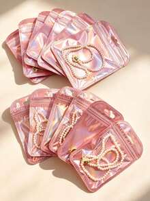 10/50/100pcs Laser Iridescent Pink Self-Sealing Jewelry Bags, Moisture-Proof, Dust-Proof, Anti-Oxidation, Portable Storage For Earrings, Necklaces, Accessories, Home And Travel Organization - Multicolor - View 2