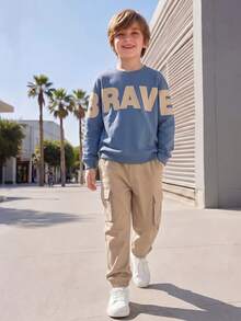 Tween Boys' Spring/Autumn Casual Knit 2-Piece Set, Blue Large Letter Print Crew Neck Sweatshirt And Khaki Cargo Pants With Side Pockets And Cuffed Hem - Blue - View 4