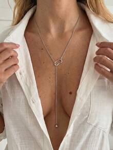 1pc Fashion Cold Style Metallic Beaded Long Pendant Necklace For Women - Silver - View 3