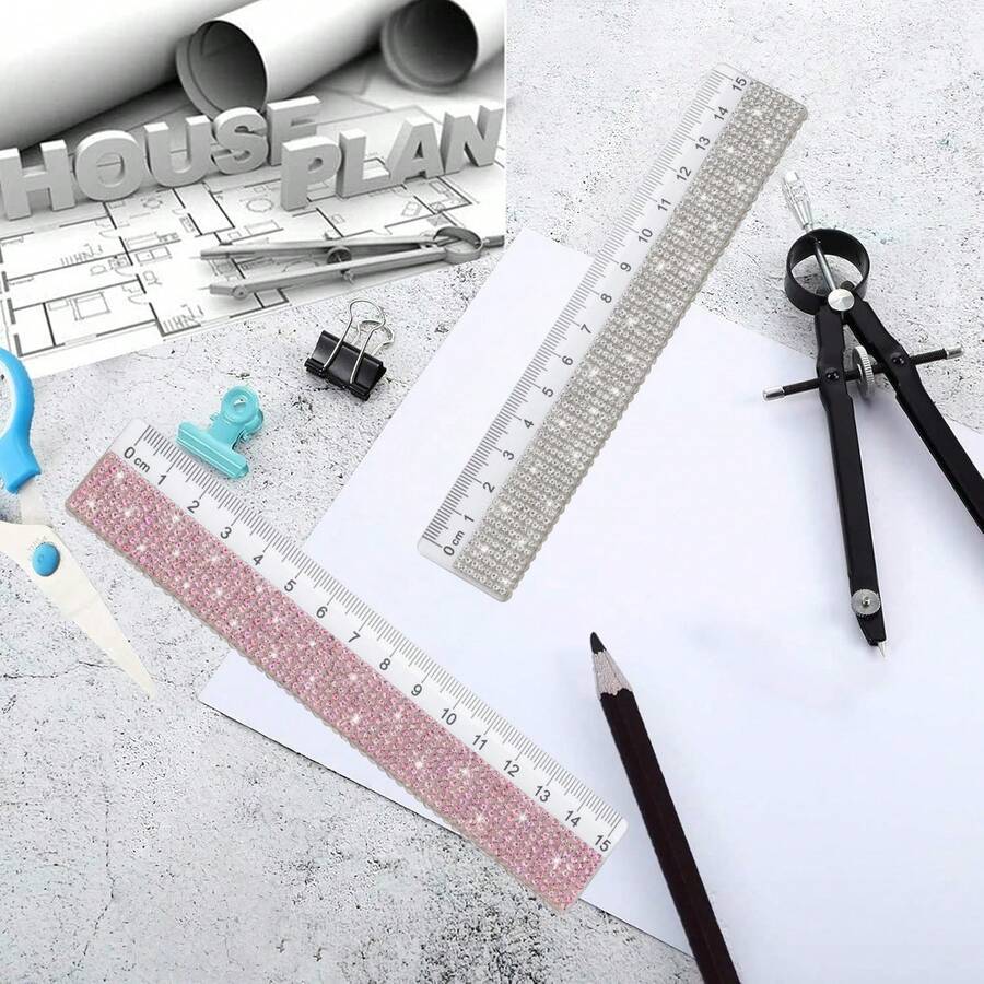 Regla de plástico transparente con strass, escala creativa de 16 cm, herramienta de dibujo y arte, papelería para estudiantes - Multicolor - Ver 1