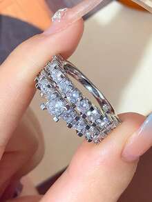 Fashion Minimalist Versatile Couple Rings 2pcs Set Premium Artificial Zirconia Inlaid Couple Ring Bands Suitable For Women's Daily Wear - Silver - View 9