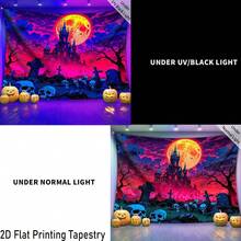 2D Flat 1-Piece QD_VIVIOS Halloween Pumpkin, Skull, Bat, Spider Web Graffiti Print Blacklight Tapestry, UV Reactive Fluorescent Wall Hanging - Rose Red - View 9