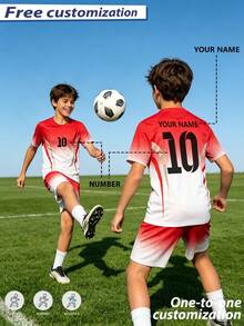 [Customized]Personalized Name Customization, Number Customization Star Style Jersey Red Boys Girls Casual Football Uniform Set -Round Neck-Short Sleeve And Shorts Sports Set - Red - View 4