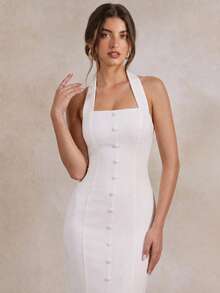 PARTHEA Elegant White Women Halter Mermaid Maxi Party Dress, Square Neck Faux Front Buttons Back Split Formal Long Gown - White - View 6