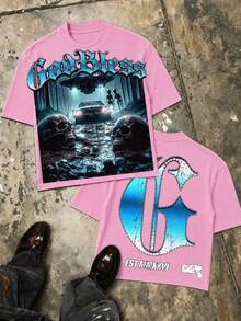 Double Sided UFO Alien Graphic Tee, Oversized Y2K Streetwear Summer Top For Men, Father Day 4th Of July Gift - 粉色 - 查看 16