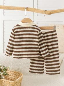 2pcs Baby Girl Vintage Brown Polo Collar Knit Striped Long Sleeve Top And Wide Leg Pants Set, Lightweight For Spring And Autumn - Mocha Brown - View 3