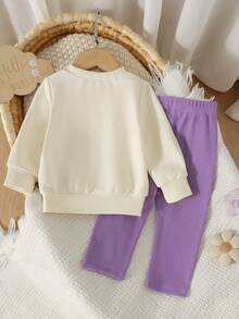 2pcs Baby Girl Sweet Mori Style 3D Floral Long Sleeve Sweatshirt & Leggings Set, Thin Spring/Autumn - Mauve Purple - View 3