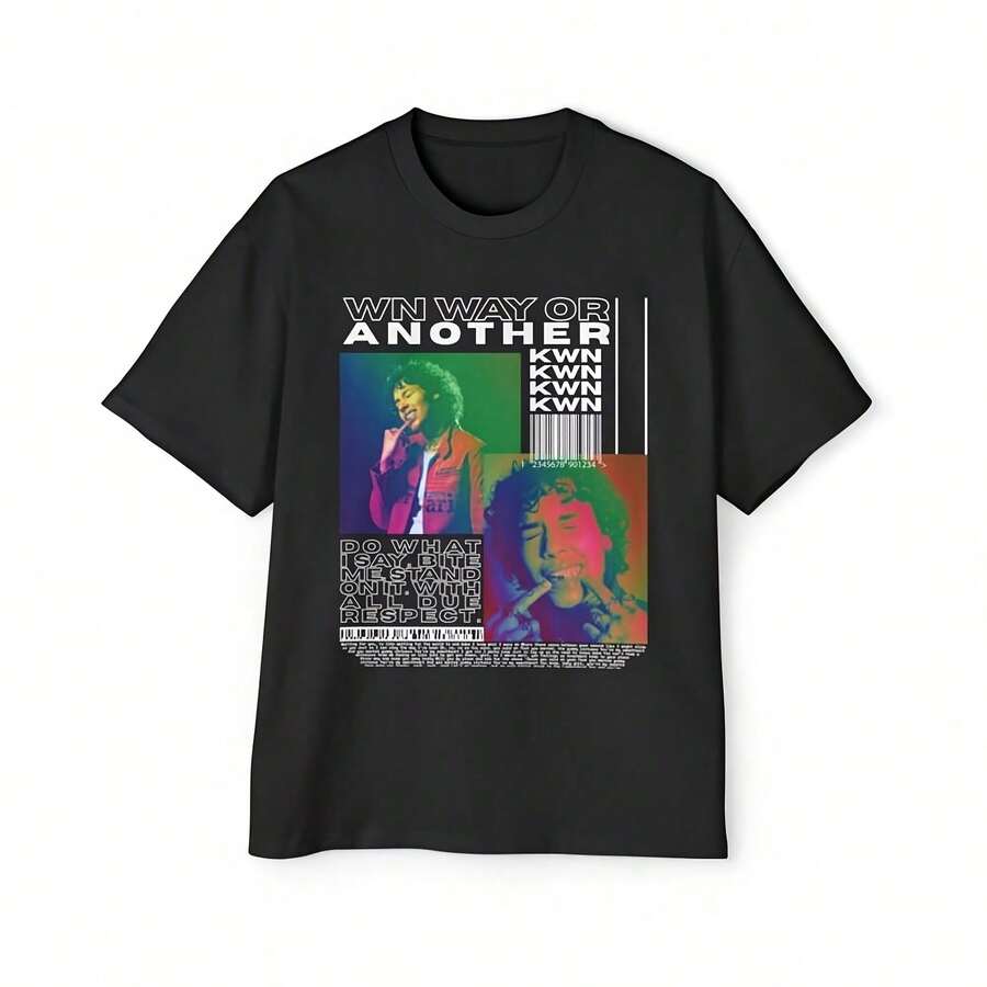 KWN Oversized Graphic Tee, Concert Streetwear Essentials, Unisex Style, Casual Comfort - 黑色 - 查看 1