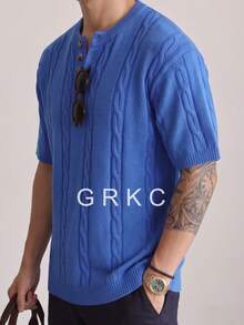 GRKC Spring/Summer Men's Neutral Casual Loose Minimalist Twisted Rope Pattern Versatile Business Commute Vacation Elegant Solid Color Round Neck Knit Top Button Half-Open Placket Pullover Short Sleeve T-Shirt Knit Sweater - Blue - View 3