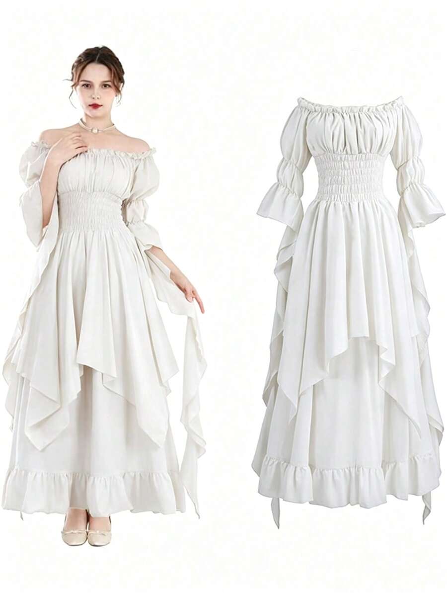 Off Shoulder Asymmetrical Sleeve Ruffle Trim Dress Elegant Spring