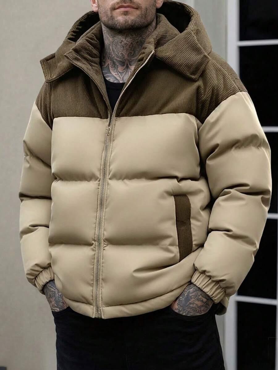 男士冬季连帽羽绒服一件装，标准版型灯芯绒拼接休闲保暖羽绒服