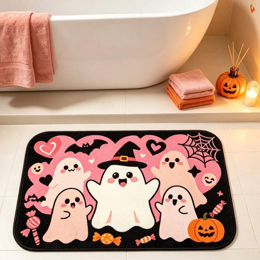 Autumn Halloween 3 Ghost Bathroom Mat, Bathroom Rug, Floor Mat, Area Decor Rug, Doormat, Autumn Gift, Faux Cashmere Printed Rug With Bat, Pumpkin, Ghost Pattern, Halloween Gift, All Saints' Day Decor, All Saints' Day Gift, Cute Halloween Welcome Mat, Entryway Rug Suitable For Front Door, Indoor And Outdoor, Ghost Season Decor - Cute Ghost - View 1