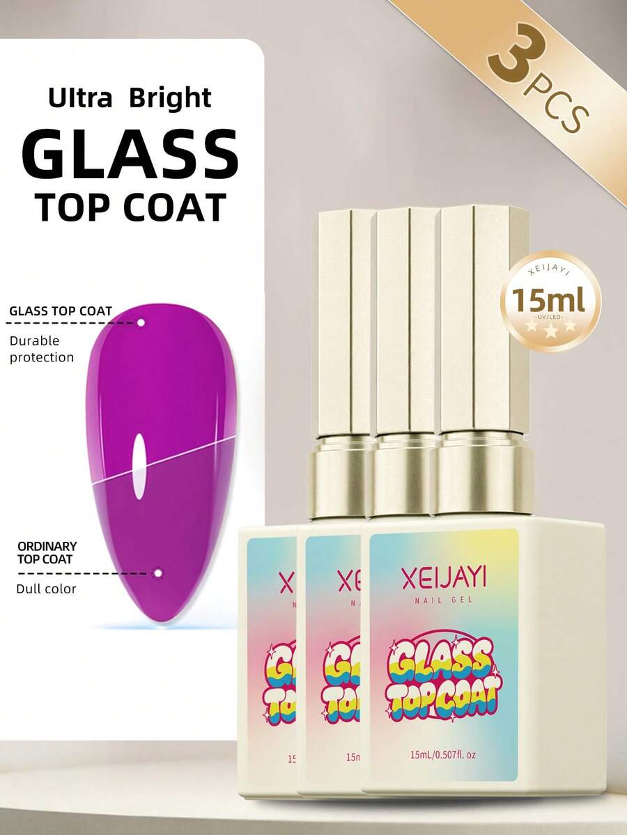 3件/15ml 玻璃瓶 長效透明橡膠密封凝膠 LED UV 增強高光澤頂層指甲油 - 3瓶裝 - 查看 1