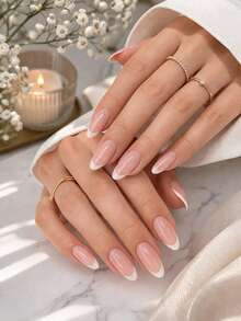 24pcs Long Almond Shape Cream White Gradient French Nail Tips, Acrylic Fake Nails Set, Includes 1pc Jelly Glue And 1pc Nail File - Multicolor - View 9