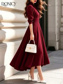 Gaun Kemeja Panjang Sedang Warna Merah Anggur, Gaun Pesta Pernikahan Elegan Wanita Berkerah Lengan 3/4 dengan Detail Kerut dan Pinggang yang Rapi, Model A-Line yang Mengalir - Burgundy - View 9