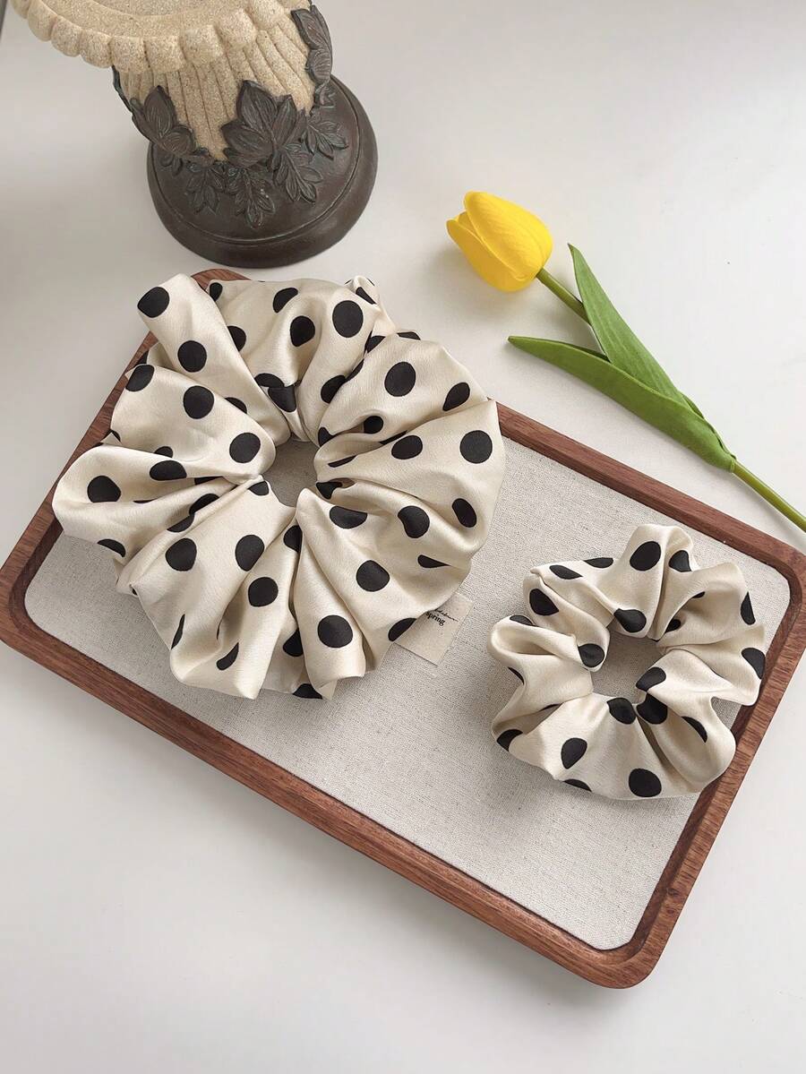 2件套优雅大号和常规款波点发圈，适合女性 - 常规款发圈可扎马尾辫，大号发圈可完全包裹马尾辫，波点设计发圈，发绳，头饰，弹性发带，美发家居饰品，发圈，节日，派对