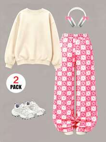 2pcs/Set Girls Outfit, Includes 1pc Floral Plaid Crew Neck Sweatshirt And 1pc Random Floral Plaid All-Over Print Wide Leg Pants, Suitable For Spring, Autumn And Winter - Multicolor - View 3