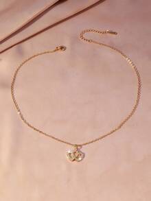1 pieza/Collar de moda para mujer, estilo real elegante, aleación con circonita transparente incrustada, colgante de doble corazón entrelazado, accesorio versátil de doble color oro y plata para playa, vacaciones, viajes, regalo de San Valentín y citas, joyería de cuello - Multicolor - Ver 6