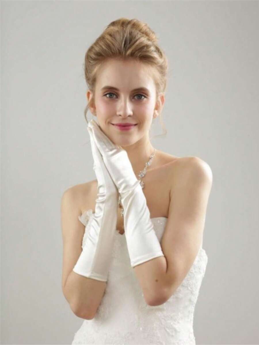 Women's Shiny Satin Lycra 38cm Solid Color Christmas New Year Party Wedding Gloves, 1 Pair - White - View 1